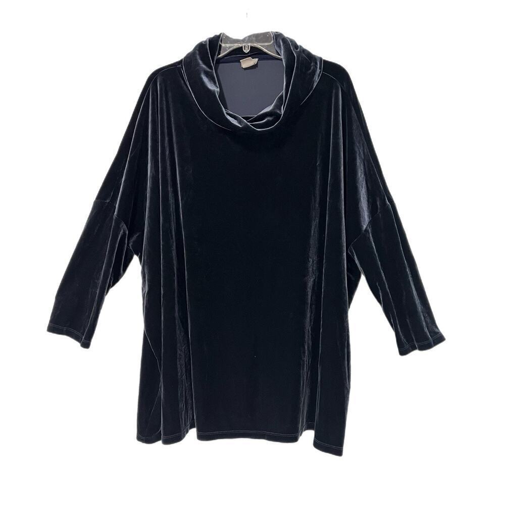 Chicos Travelers Velour Tunic Top Women's Size L/XL Blue 16 Cowl Neck Relaxed